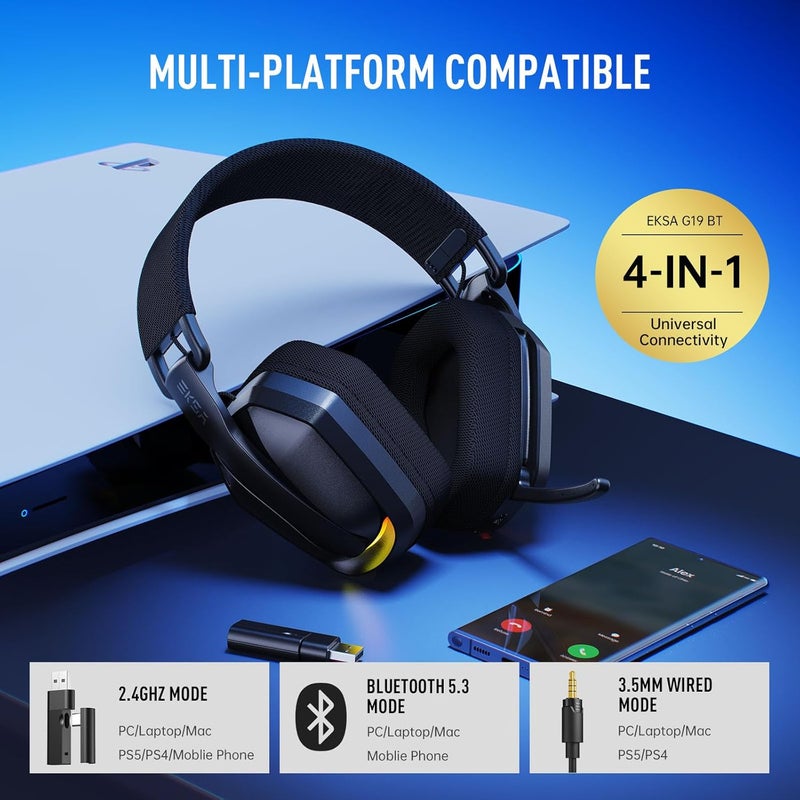 2.4GHz Wireless Gaming Headset for PS5/PS4, PC, Switch, Mac, Bluetooth 5.4 Gaming Headphones with Noise Cancelling Microphone, 169g Ultralight, RGB, Type-C, 35H Battery, Wired Computer Headphones - Image 2