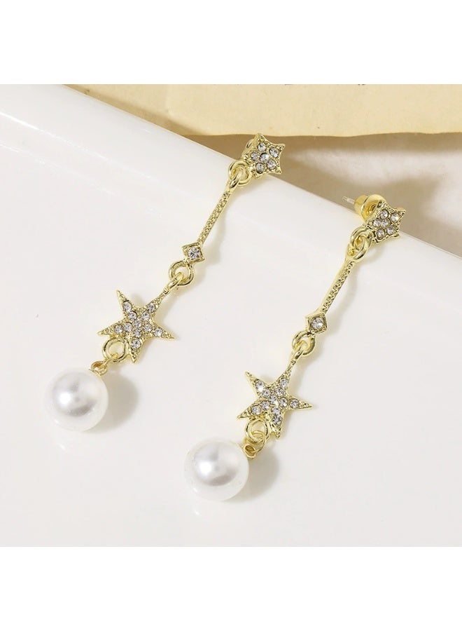 Goolsky أقراط لؤلؤة نجمة متلألئة للنساء – دبابيس فضة S925 مع كريستالات، مجوهرات أنيقة كورية INS، زخارف نجوم مع لمسات لؤلؤة مضادة للحساسية ومقاومة للتأكسد، للارتداء اليومي والحفلات والهدايا - Image 4