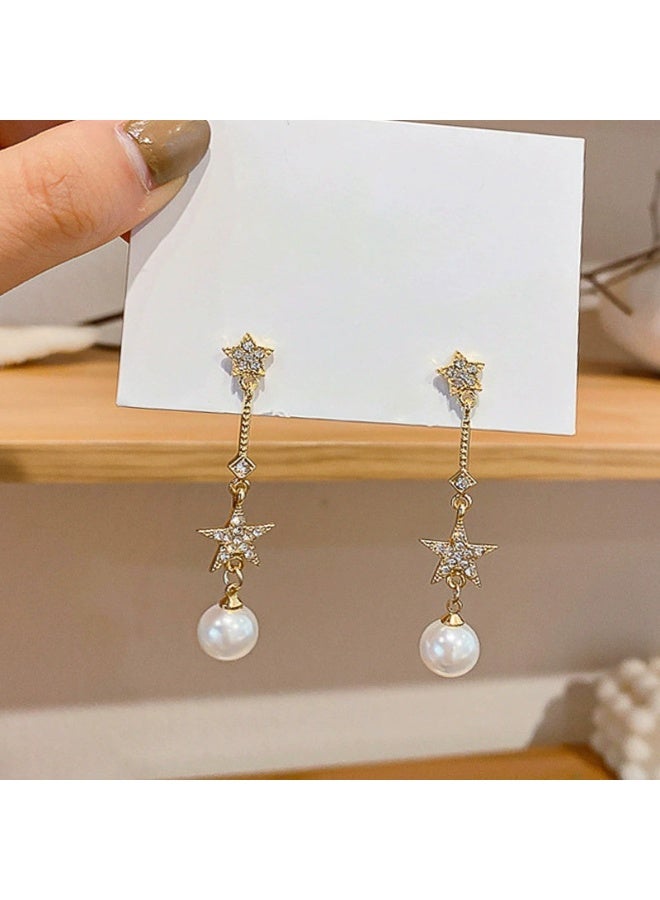 Goolsky أقراط لؤلؤة نجمة متلألئة للنساء – دبابيس فضة S925 مع كريستالات، مجوهرات أنيقة كورية INS، زخارف نجوم مع لمسات لؤلؤة مضادة للحساسية ومقاومة للتأكسد، للارتداء اليومي والحفلات والهدايا - Image 3