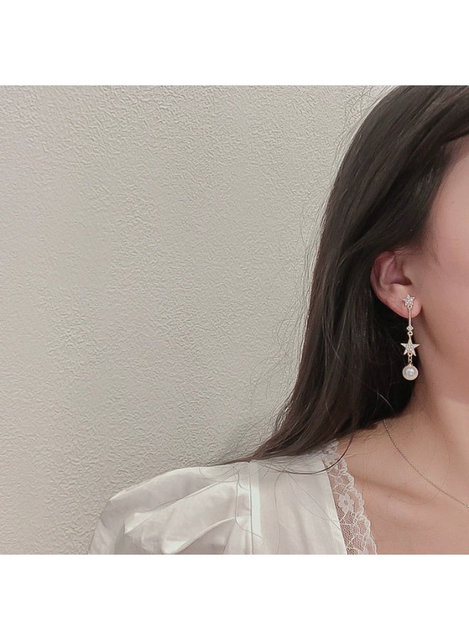 Goolsky أقراط لؤلؤة نجمة متلألئة للنساء – دبابيس فضة S925 مع كريستالات، مجوهرات أنيقة كورية INS، زخارف نجوم مع لمسات لؤلؤة مضادة للحساسية ومقاومة للتأكسد، للارتداء اليومي والحفلات والهدايا - Image 2