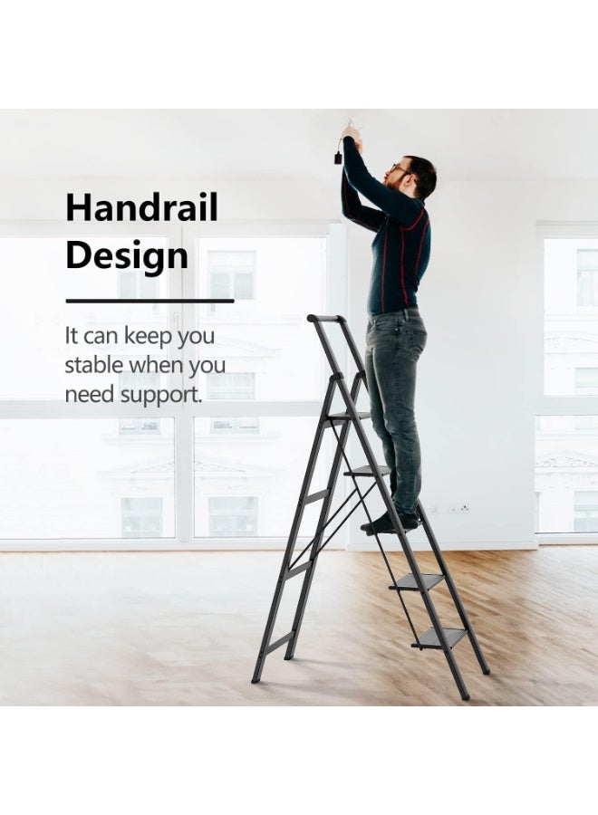 MOMENT سلم MOMENT 5 خطوات، كرسي خطوة قابل للطي مع مقبض ومصعد عريض مضاد للانزلاق، سلم ألومنيوم خفيف الوزن محمول للمطبخ، المنزل، المكتبة، المكتب (330 رطل سعة) - أسود - Image 3