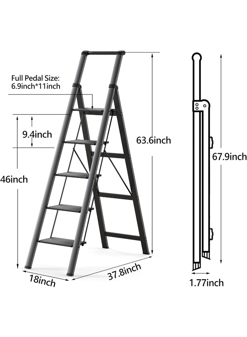 MOMENT سلم MOMENT 5 خطوات، كرسي خطوة قابل للطي مع مقبض ومصعد عريض مضاد للانزلاق، سلم ألومنيوم خفيف الوزن محمول للمطبخ، المنزل، المكتبة، المكتب (330 رطل سعة) - أسود - Image 4