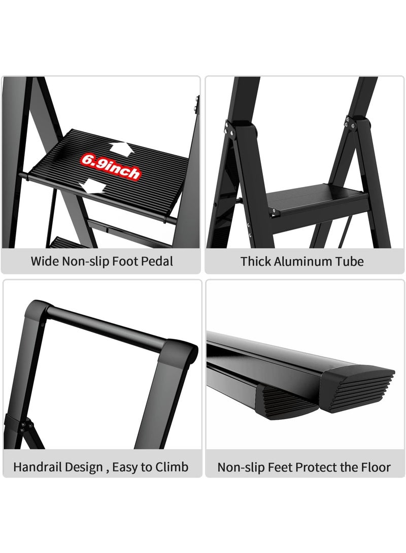 MOMENT سلم MOMENT 5 خطوات، كرسي خطوة قابل للطي مع مقبض ومصعد عريض مضاد للانزلاق، سلم ألومنيوم خفيف الوزن محمول للمطبخ، المنزل، المكتبة، المكتب (330 رطل سعة) - أسود - Image 2