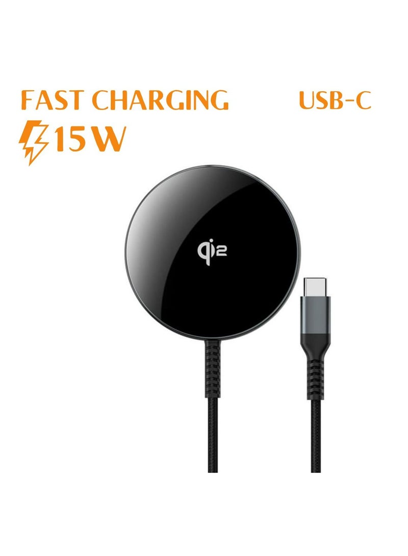 Pisen Qi2 Magnetic Wirless Charger, 15W Qi2 Certified Magsafe Ultra Fast Charging for iPhone 16/15/14/13 Series,AirPods 4/3/Pro/Pro 2,Strong Magnetic Attraction Charging Pad with Braided Type-C Cable 1M , Black - Image 1