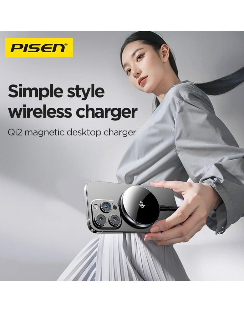 Pisen Qi2 Magnetic Wirless Charger, 15W Qi2 Certified Magsafe Ultra Fast Charging for iPhone 16/15/14/13 Series,AirPods 4/3/Pro/Pro 2,Strong Magnetic Attraction Charging Pad with Braided Type-C Cable 1M , Black - Image 2