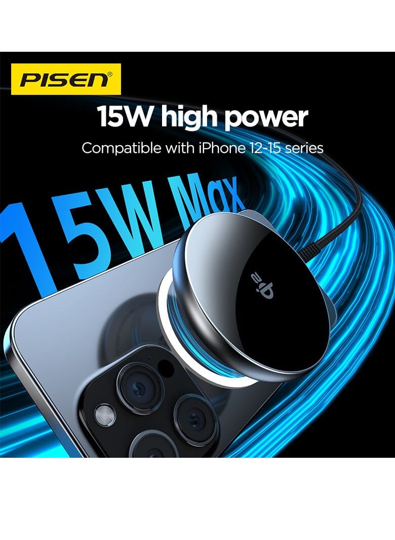 Pisen Qi2 Magnetic Wirless Charger, 15W Qi2 Certified Magsafe Ultra Fast Charging for iPhone 16/15/14/13 Series,AirPods 4/3/Pro/Pro 2,Strong Magnetic Attraction Charging Pad with Braided Type-C Cable 1M , Black - Image 3