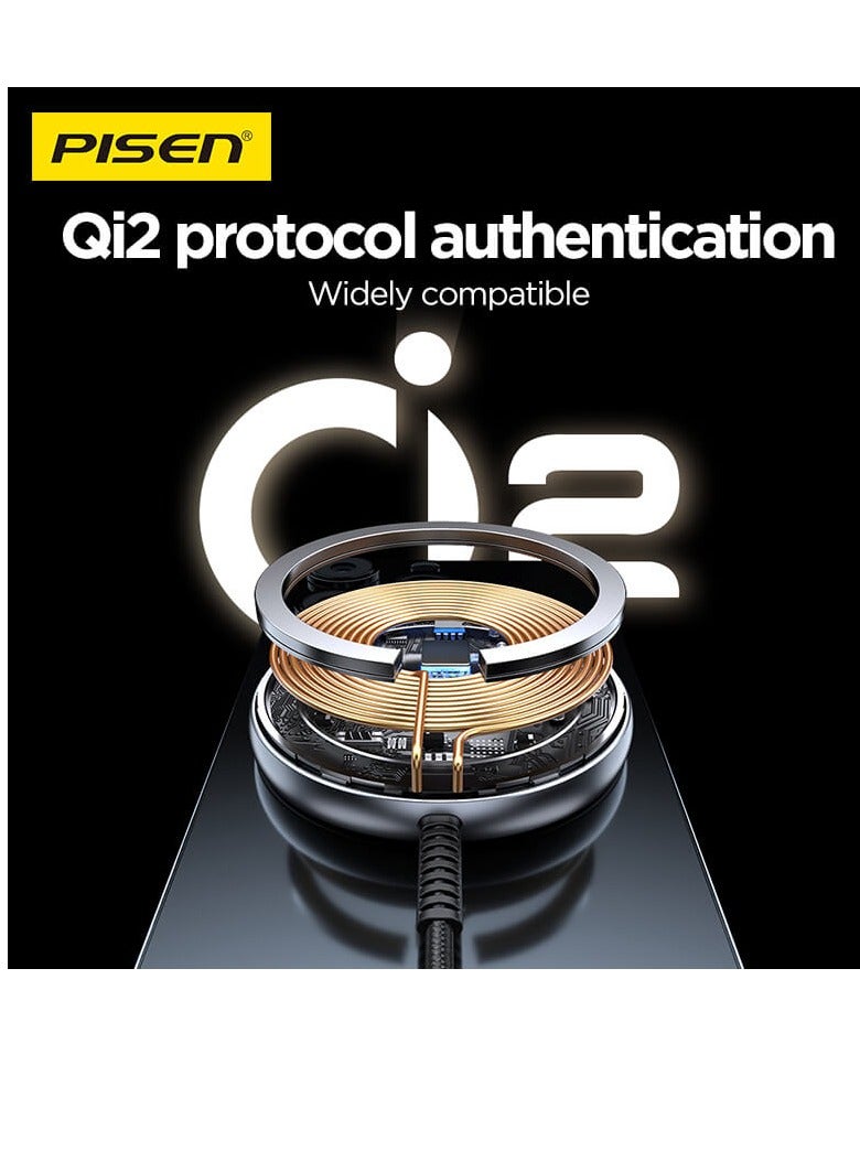 Pisen Qi2 Magnetic Wirless Charger, 15W Qi2 Certified Magsafe Ultra Fast Charging for iPhone 16/15/14/13 Series,AirPods 4/3/Pro/Pro 2,Strong Magnetic Attraction Charging Pad with Braided Type-C Cable 1M , Black - Image 4