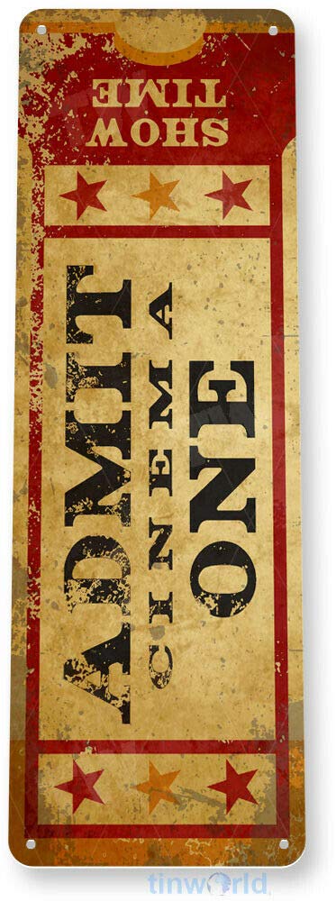 Admit One Movie Ticket Sign Carnival Cinema Home Movie Theater Metal Sign 16x4