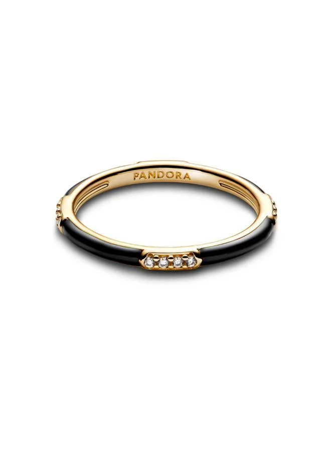 باندورا 14k Gold-plated ring with clear cubic zirconia and black enamel