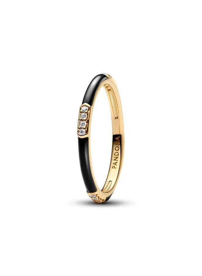 باندورا 14k Gold-plated ring with clear cubic zirconia and black enamel