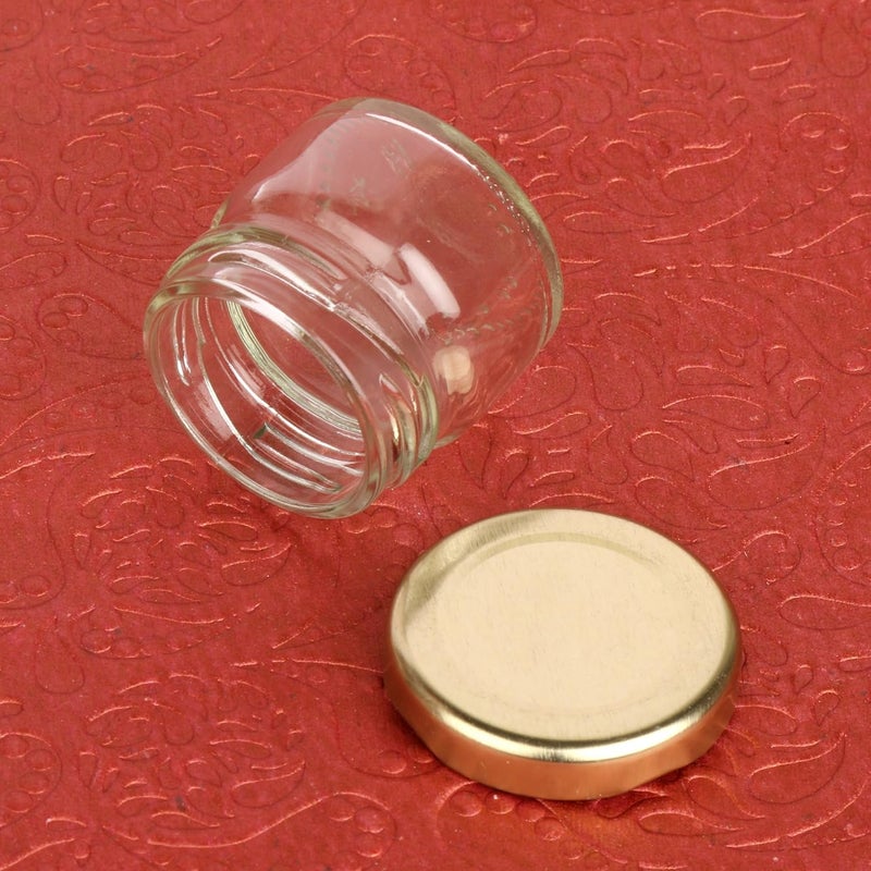 Pure Source India Round Mini Glass Jar Containers, Food Grade and BPA Free With Airtight Metal Gold Color Cap - 20 Gram, Pack of 18 Pieces, Clear - Image 2
