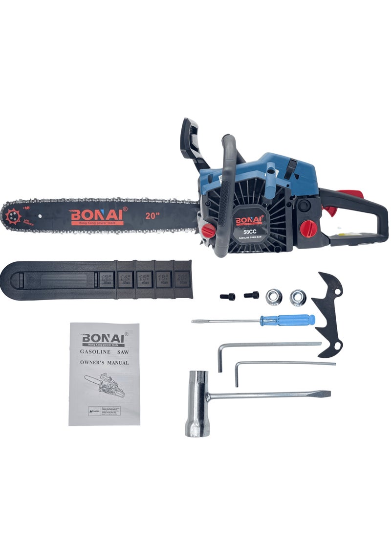 BONAI 58CC Gasoline Chainsaw 20-Inch, Heavy Duty Petrol Tree Cutter, 2-Stroke Air-Cooled Engine, Low Kickback, Outdoor Wood Cutting Tool- BN-HK66-20 - Image 1
