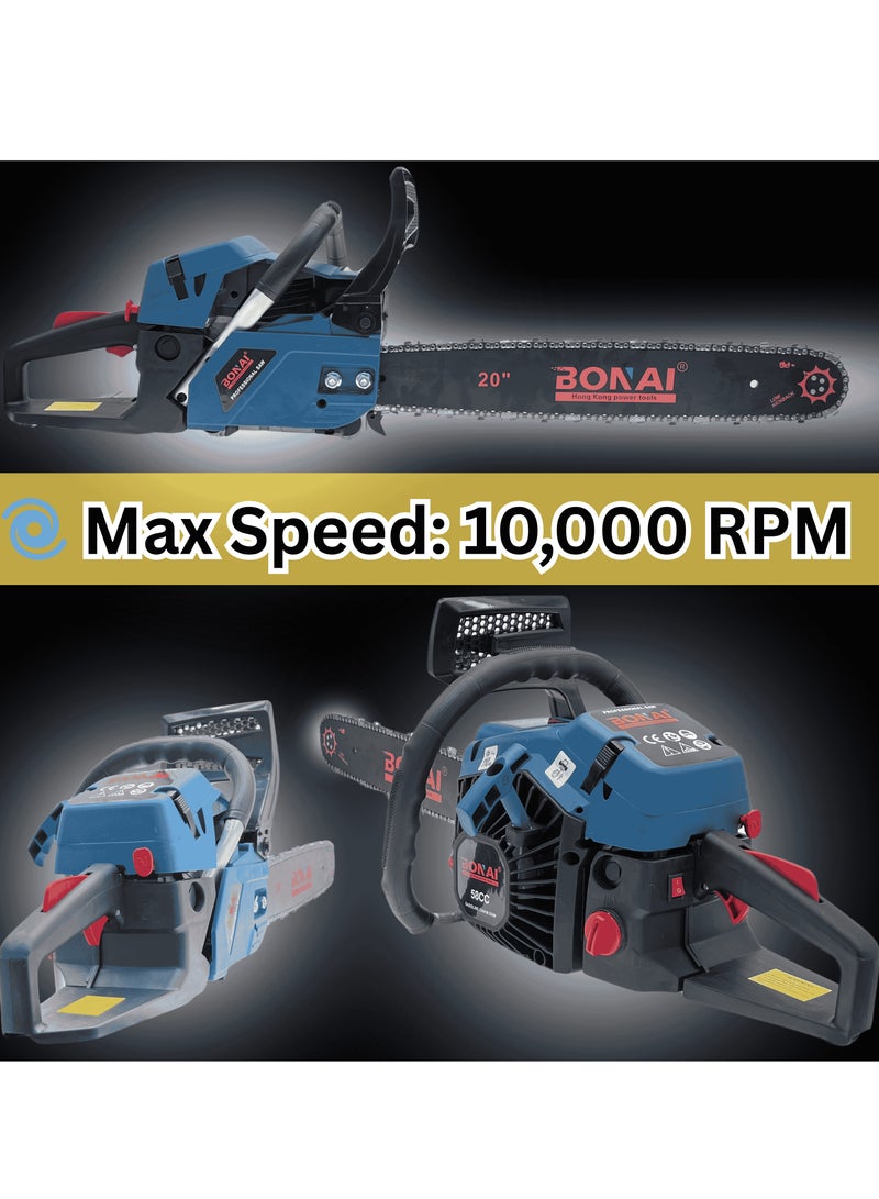 BONAI 58CC Gasoline Chainsaw 20-Inch, Heavy Duty Petrol Tree Cutter, 2-Stroke Air-Cooled Engine, Low Kickback, Outdoor Wood Cutting Tool- BN-HK66-20 - Image 2