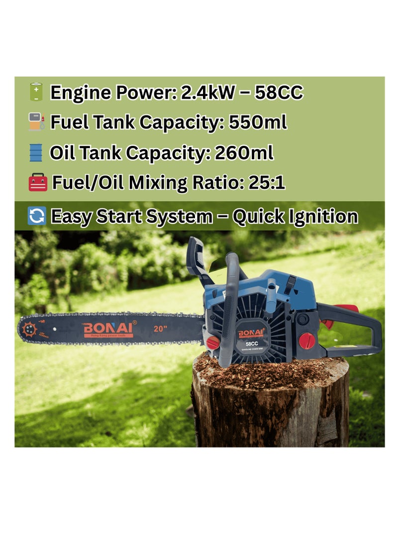 BONAI 58CC Gasoline Chainsaw 20-Inch, Heavy Duty Petrol Tree Cutter, 2-Stroke Air-Cooled Engine, Low Kickback, Outdoor Wood Cutting Tool- BN-HK66-20 - Image 3
