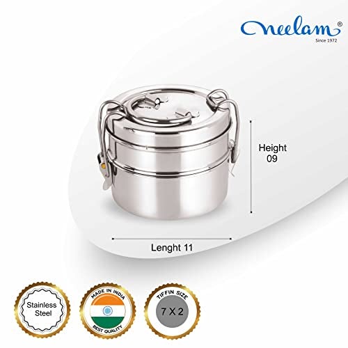 neelam Stainless Steel Lunch Box/Tiffin with Locking Clip, 2-Tier Container, 800 ml, Hot & Cold Leak-Proof, Compact & Durable, Perfect for Office, School, Picnic and Travel, Silver - Image 2