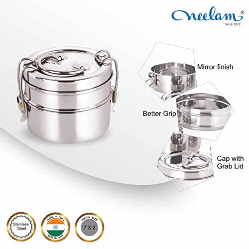 neelam Stainless Steel Lunch Box/Tiffin with Locking Clip, 2-Tier Container, 800 ml, Hot & Cold Leak-Proof, Compact & Durable, Perfect for Office, School, Picnic and Travel, Silver - Image 3