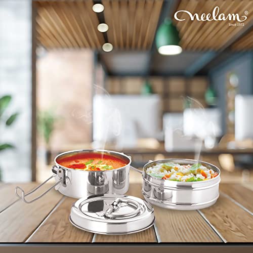 neelam Stainless Steel Lunch Box/Tiffin with Locking Clip, 2-Tier Container, 800 ml, Hot & Cold Leak-Proof, Compact & Durable, Perfect for Office, School, Picnic and Travel, Silver - Image 4