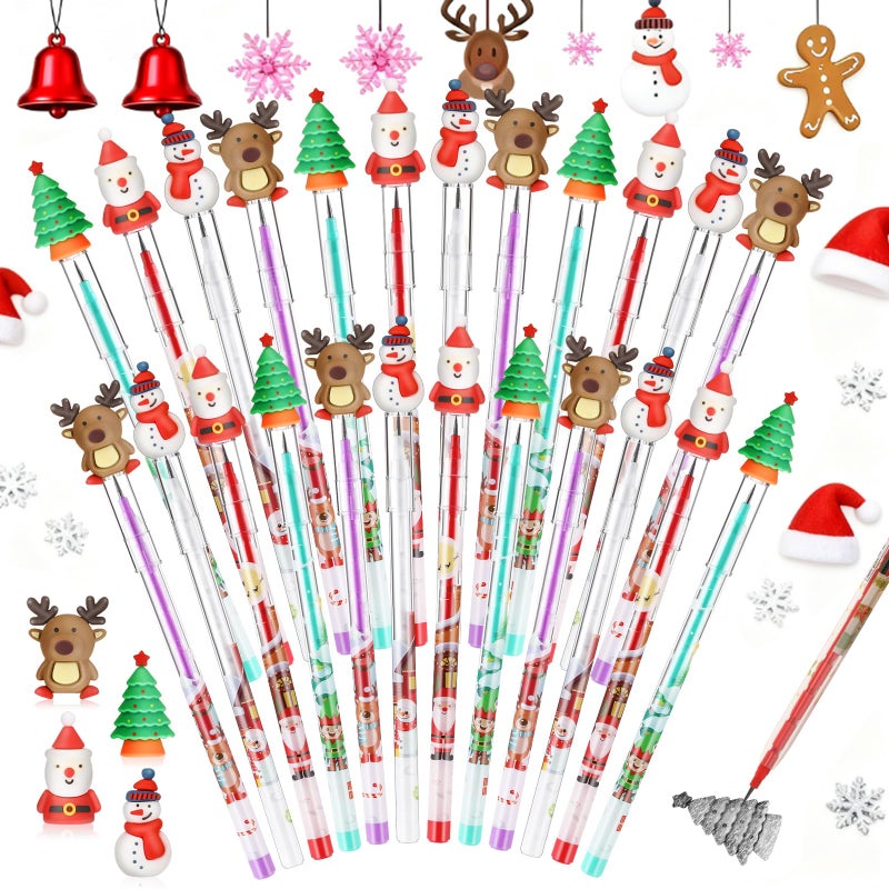 Zonon 48 Pieces Christmas Pencils Bulk Multi Point Stackable Push Pencil with Toppers Santa Claus Snowman Elk Pens for Kids Classroom Rewards School Party SuppliesChristmas Stocking Stuffer - Image 2