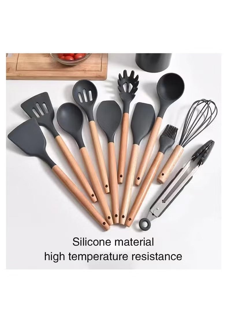 Silicone Cooking Utensil Set, Silicone Kitchen Utensil Set-11pcs, Cooking Utensils Set with Bamboo Wood Handles for Nonstick Cookware Black / Grey - Image 1