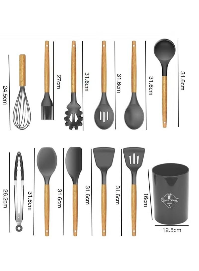 Silicone Cooking Utensil Set, Silicone Kitchen Utensil Set-11pcs, Cooking Utensils Set with Bamboo Wood Handles for Nonstick Cookware Black / Grey - Image 2