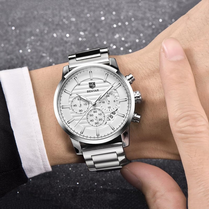 BY BENYAR BENYAR Quartz Chronograph Waterproof Watches Business and Sport Design Leather Band Strap Wrist Watch for Men - Image 4