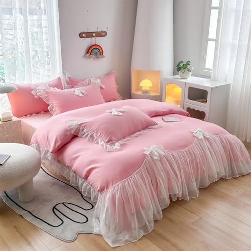 SOUKECHY Girls Lace Bedding,Full Comforter Cover Set, Chic Ruffled Duvet Cover with Lovely Bow,Princess Style 1 Duvet Cover with 2 Pillowcases, No Comforter-Bright Pink,Full Size - Image 2