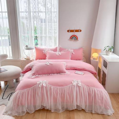 SOUKECHY Girls Lace Bedding,Full Comforter Cover Set, Chic Ruffled Duvet Cover with Lovely Bow,Princess Style 1 Duvet Cover with 2 Pillowcases, No Comforter-Bright Pink,Full Size - Image 1