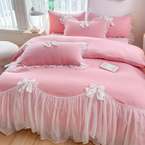 SOUKECHY Girls Lace Bedding,Full Comforter Cover Set, Chic Ruffled Duvet Cover with Lovely Bow,Princess Style 1 Duvet Cover with 2 Pillowcases, No Comforter-Bright Pink,Full Size - Image 3