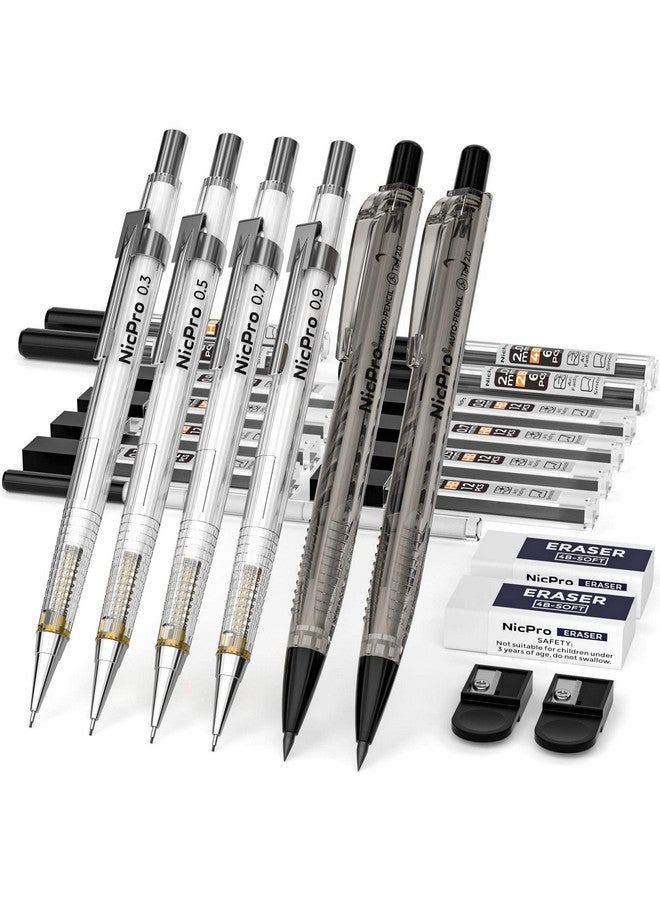 نيكبرو مجموعة أقلام رصاص ميكانيكية مكونة من 6 قطع مع حافظة قلم رصاص 0.3 و0.5 و0.7 و0.9 مم وحامل رصاص 2 مم (4B 2B Hb 2H) للكتابة الفنية والرسم مع مبراة عبوات الرصاص - Image 1