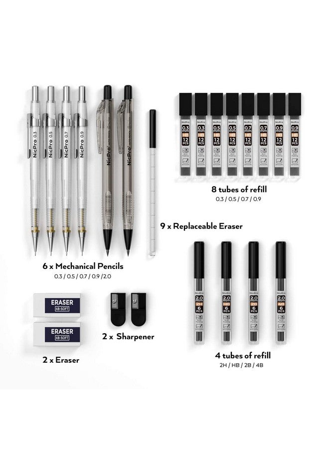 نيكبرو مجموعة أقلام رصاص ميكانيكية مكونة من 6 قطع مع حافظة قلم رصاص 0.3 و0.5 و0.7 و0.9 مم وحامل رصاص 2 مم (4B 2B Hb 2H) للكتابة الفنية والرسم مع مبراة عبوات الرصاص - Image 4