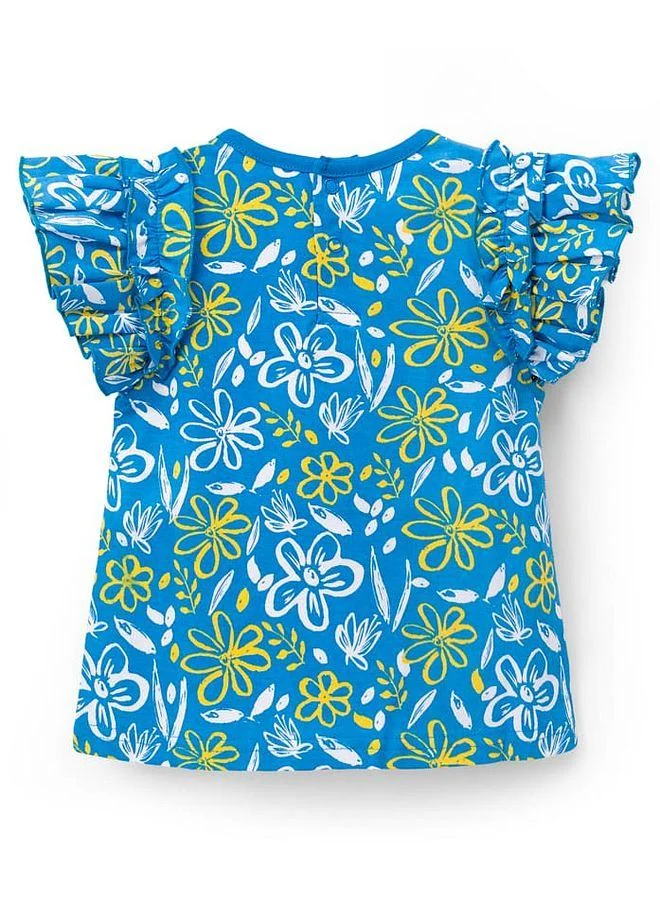 Babyhug Babyhug Cotton Knit Frill Sleeves Top with Floral Print - Blue