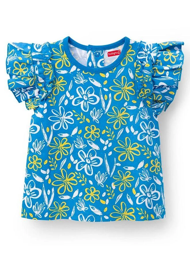 Babyhug Babyhug Cotton Knit Frill Sleeves Top with Floral Print - Blue