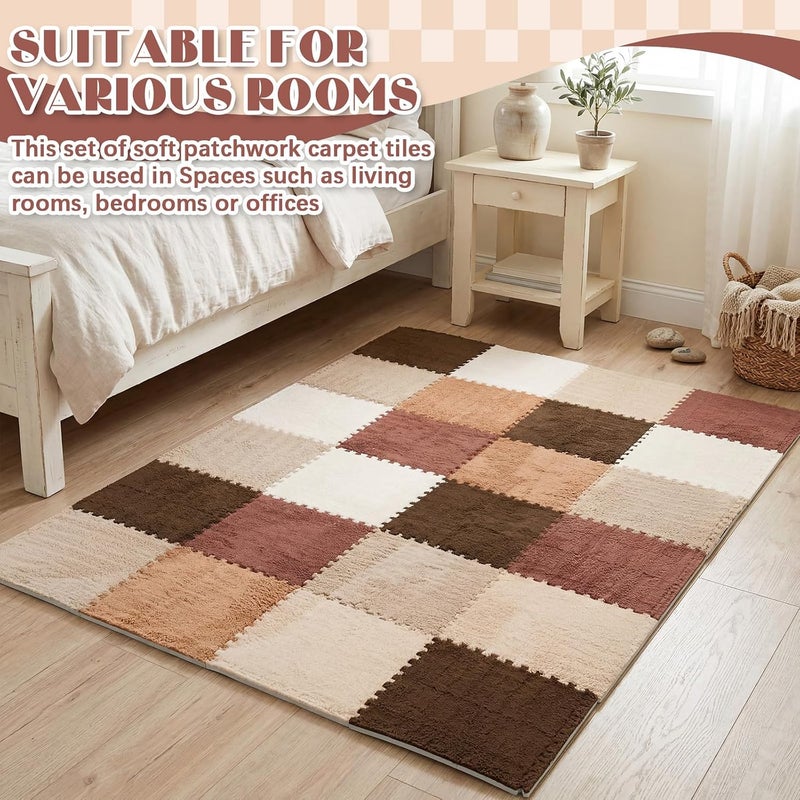 Tinideya 36 Pcs Plush Interlocking Carpet Tiles, 12 x 12 x 0.4 Inch EVA Foam Puzzle Mat Squares, Soft Washable Anti Slip Floor Mat for Bedroom, Nursery, Playroom, Living Room, Farmhouse Colors - Image 3