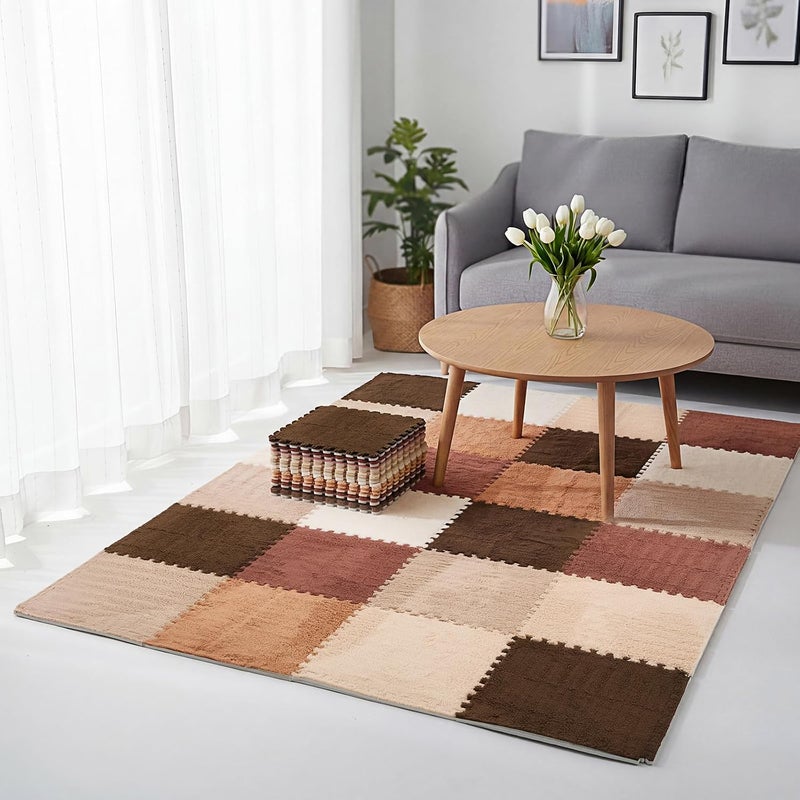 Tinideya 36 Pcs Plush Interlocking Carpet Tiles, 12 x 12 x 0.4 Inch EVA Foam Puzzle Mat Squares, Soft Washable Anti Slip Floor Mat for Bedroom, Nursery, Playroom, Living Room, Farmhouse Colors - Image 1