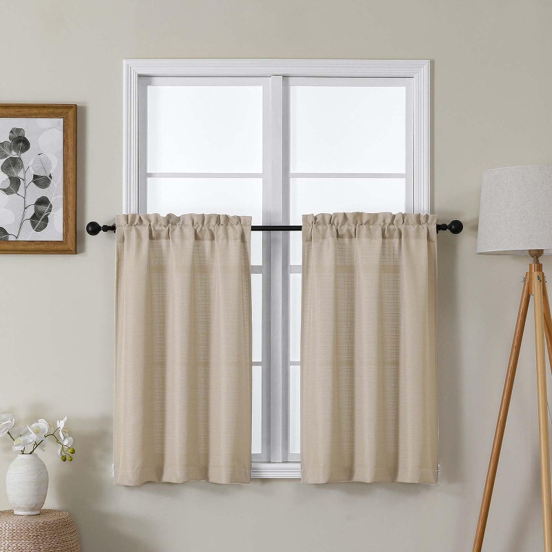 Lecloud Bessie Kitchen Curtains 36 Inch Length 2 Pcs, Faux Linen Slub Textured Light-Filtering Short Curtains for Small Windows,Small Curtain for Bathroom Basement, Each 30 W x 36 L, Linen Color - Image 1