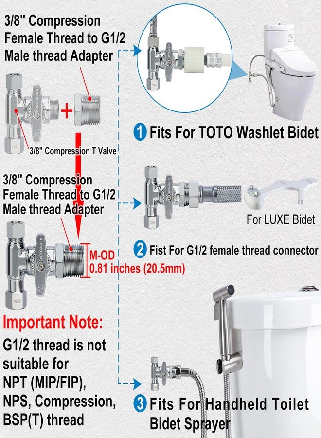 YUHX Lead Free Brass Angle Stop Add-A-Tee Valve, Bidet 3/8 x 3/8 x 3/8 Inch Compression or 1/2 T Adapter for One-Piece Skirted Toilet, 3/8" Compression Outlet Easy Connect 3 Way Diverter - Image 5