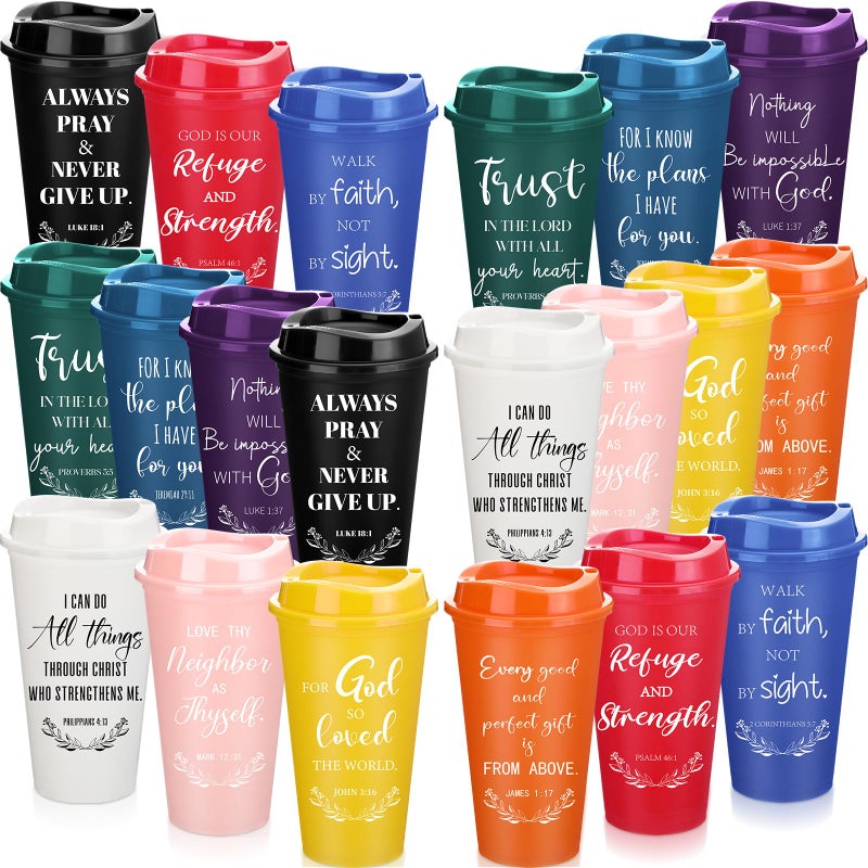 Skylety 20 Pack Christian Gifts for Men Women 16oz Bible Verse Tumbler Bulk Plastic Coffee Cups with Lids Inspirational Religious Gifts for Church Christian Party Favor Multicolor