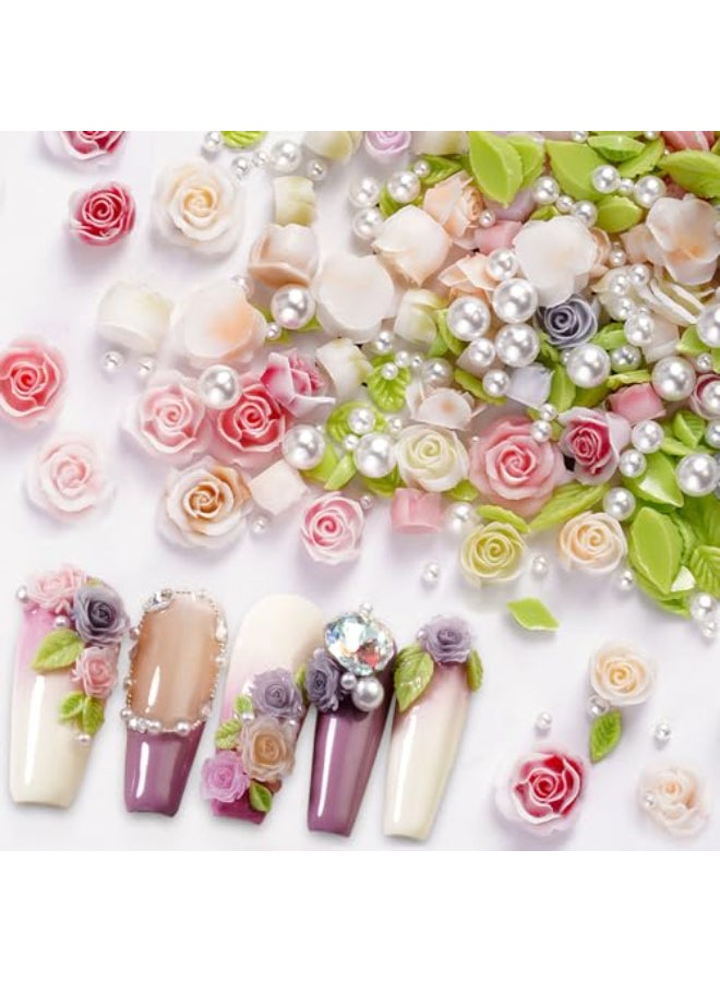 JALIYA 100pcs 3D Camellias Rose Flower Nail Art Charms with Nail Pearls Cute Leaves Flower Nail Charms for Acrylic Nails Colorful Nail Flowers for Nails Charms Floral Nail Charm Resin Charms for Nails Design - Image 1