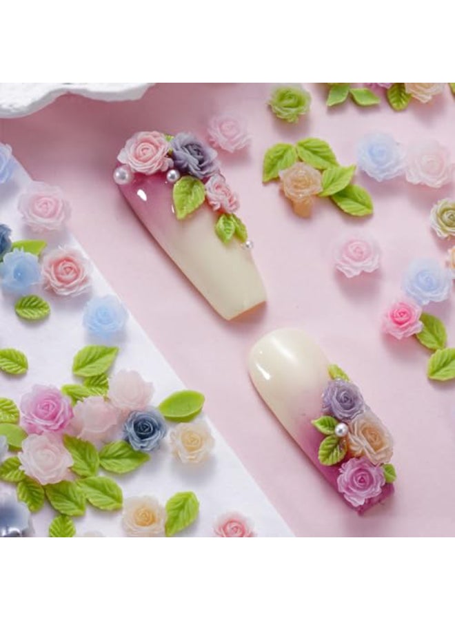 JALIYA 100pcs 3D Camellias Rose Flower Nail Art Charms with Nail Pearls Cute Leaves Flower Nail Charms for Acrylic Nails Colorful Nail Flowers for Nails Charms Floral Nail Charm Resin Charms for Nails Design - Image 3