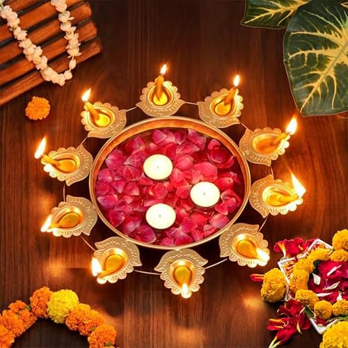 FlowerAura Premium 10 Diya Face Urli Bowl for Home Decor | Designer Urli Set for Decoration | Diwali Decoration Items for Temple & Pooja Room | Urli Bowl for Floating Flowers & Tea Light Candles - Image 1