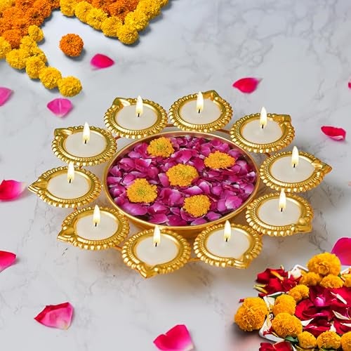 FlowerAura Premium 10 Diya Face Urli Bowl for Home Decor | Designer Urli Set for Decoration | Diwali Decoration Items for Temple & Pooja Room | Urli Bowl for Floating Flowers & Tea Light Candles - Image 5