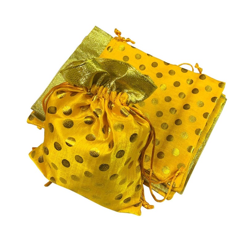 Moira Unisex Gift Potli Bags Silk Brocade Yellow (23 cm X 18 cm) Pack of 10 (Mustard) - Image 1