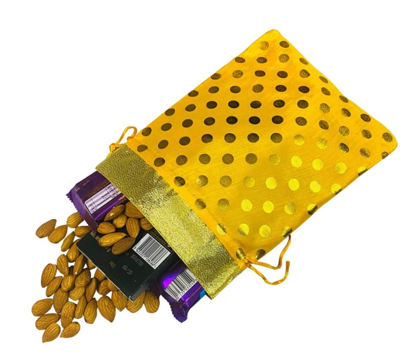 Moira Unisex Gift Potli Bags Silk Brocade Yellow (23 cm X 18 cm) Pack of 10 (Mustard) - Image 3