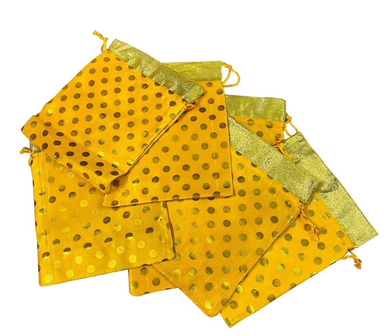 Moira Unisex Gift Potli Bags Silk Brocade Yellow (23 cm X 18 cm) Pack of 10 (Mustard) - Image 4