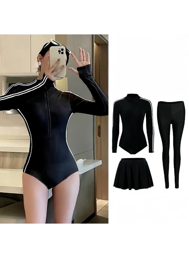 Women’s Long Sleeve Rash Guard Swimsuit Set 3-Piece UPF 50+ Sun Protection Skirt and Leggings for Swimming Surfing Beach Activities Daily Use Black - Image 1