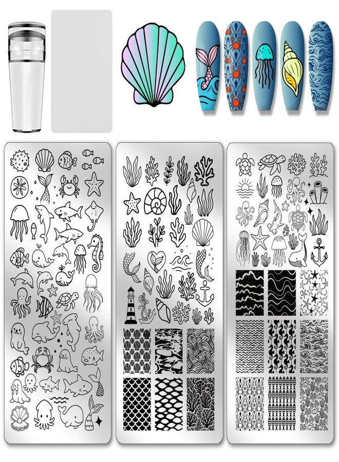 PH PandaHall 3pcs Summer Ocean Nail Stamping Plate Kit, Marine Animal Whale Shell Art Templates Sea Beach Nail Art Stencils with Stamper and Scraper for DIY Print Manicures Salon Design - Image 1