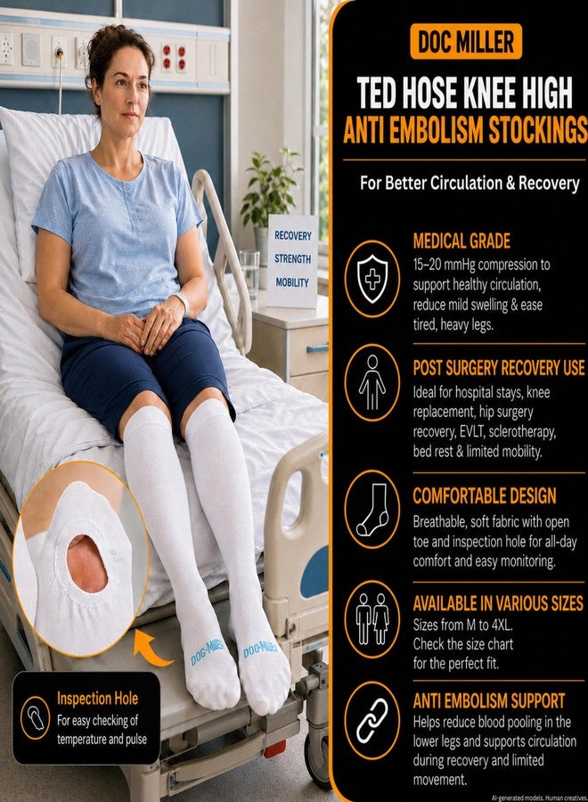 Doc Miller TED Hose Stockings Anti Embolism Knee High for Women & Men,15-20mmhg Graduated Compression Socks, Hospital Style Surgical Stockings, Support Hose with Inspection Hole, Large Size, 1 Pair - Image 2