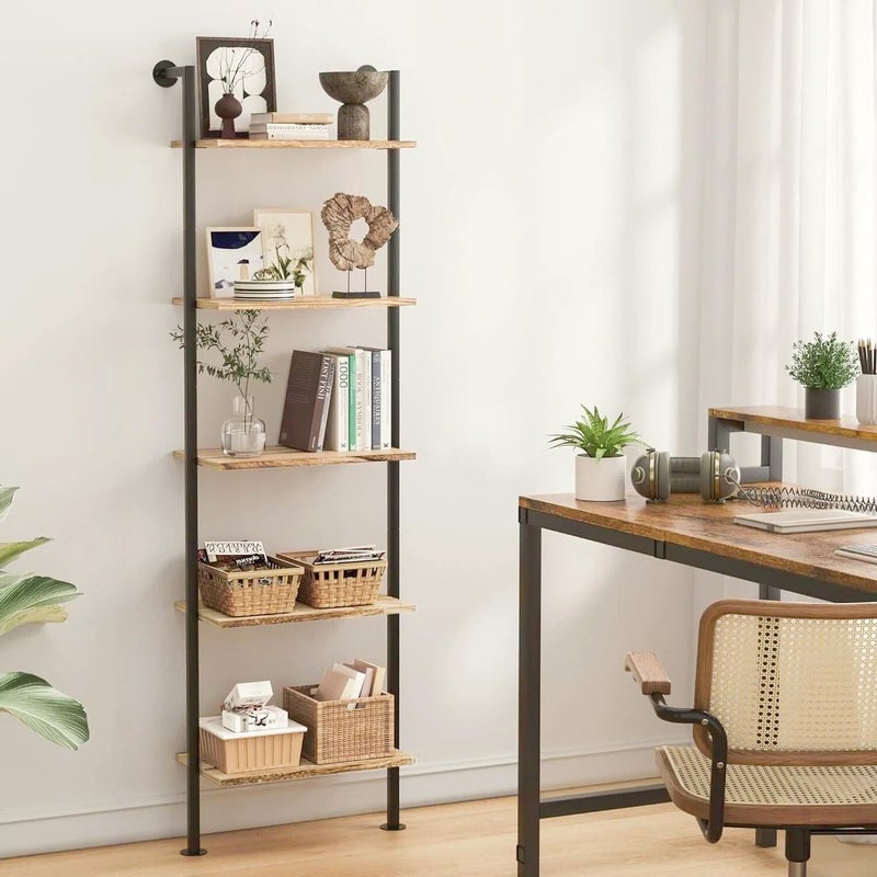 Acovy 5-Tier Bookshelf Solid Wood Ladder Shelf, Narrow Book Shelf Display Shelf, Wooden Bookcase, Wall Mount Ladder Shelf, Storage Rack for Living Room, Bedroom, Industrial Style, Rustic Brown - Image 2