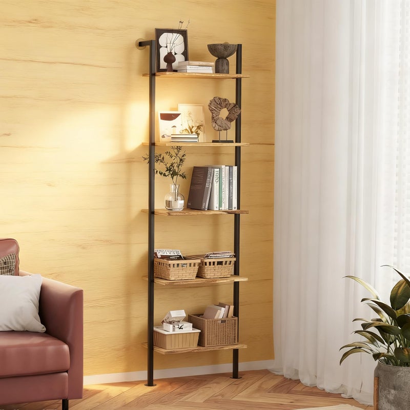 Acovy 5-Tier Bookshelf Solid Wood Ladder Shelf, Narrow Book Shelf Display Shelf, Wooden Bookcase, Wall Mount Ladder Shelf, Storage Rack for Living Room, Bedroom, Industrial Style, Rustic Brown - Image 1