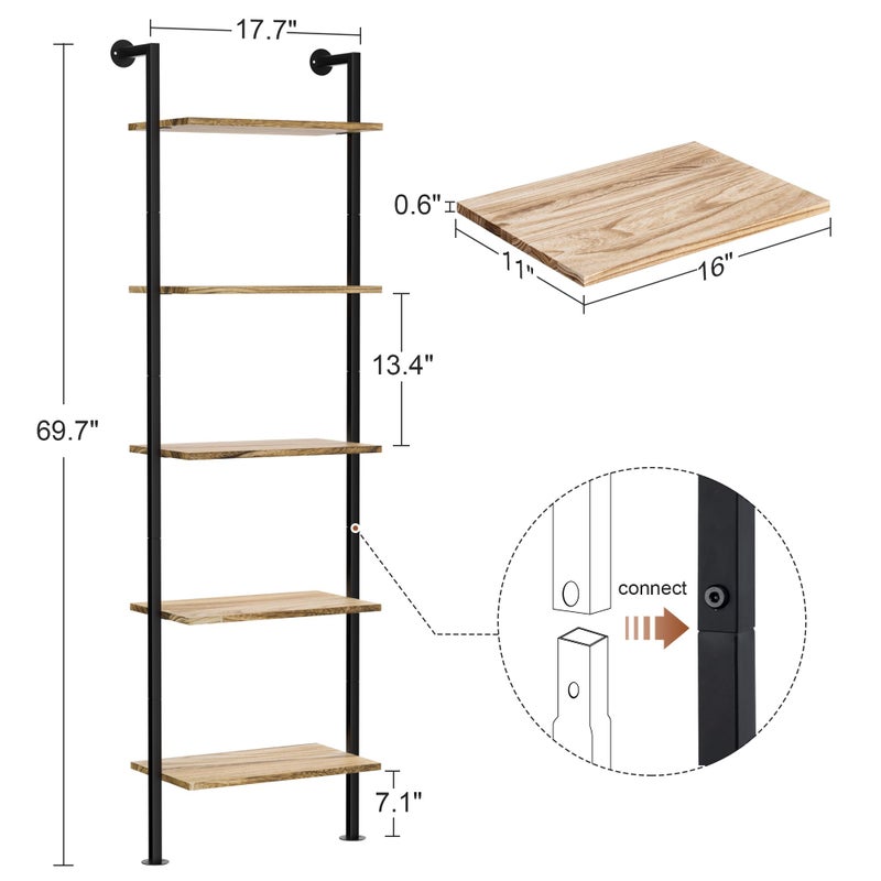 Acovy 5-Tier Bookshelf Solid Wood Ladder Shelf, Narrow Book Shelf Display Shelf, Wooden Bookcase, Wall Mount Ladder Shelf, Storage Rack for Living Room, Bedroom, Industrial Style, Rustic Brown - Image 3